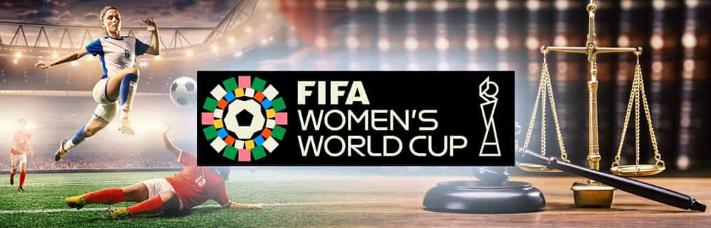 FIFA Women's World Cup 2023 logo, 3 soccer players in stadium, legal books, judges gavel and block, and Scales of Justice