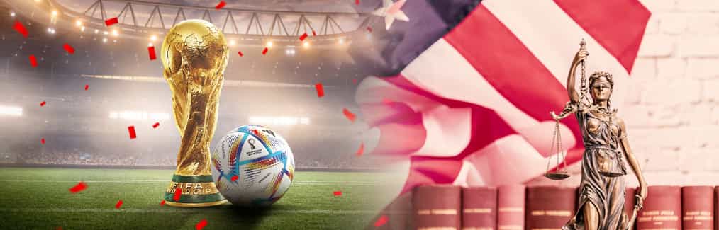 World Cup trophy, soccer ball, flag of the United States of America, law books, gavel, Scale of Justice