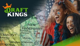 A Collage of Happy People, Draft Kings Logo and New Hampshire Map