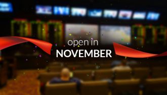 “Open in November” Text with Sportsbook Interior as Background