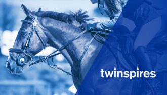 TwinSpires Sportsbook Logo Over a Horse and a Jokey Picture