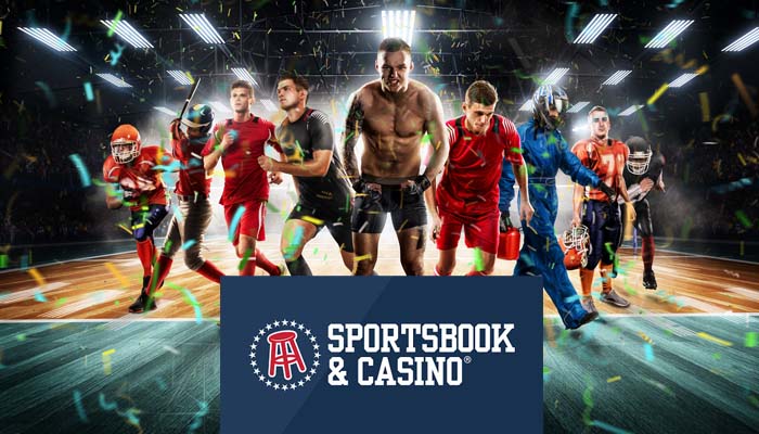 Sportsbook and Casino Sign Over a Picture of Different Sports Players