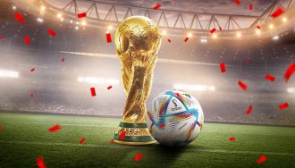 World Cup Trophy and a Football Ball on a Football Field