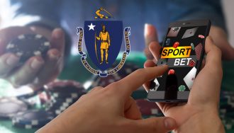Massachusetts State Logo next to a Phone with Sports Bet App