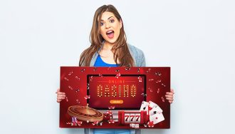 A Player Holding a Red Online Casino Sign with Casino Elements