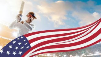 Picture of a cricket players and the US flag