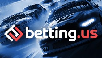 A picture of NASCAR race and a betting.us logo in front