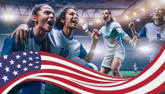 A picture of women soccer team and the US flag in the background