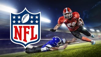 NFL Logo next to Two American Football players on a Field