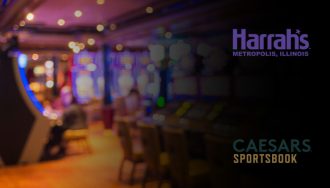Caesar’s Sportsbook and Harrah’s Metropolis Casino Logos next to a Blurred Casino Hall