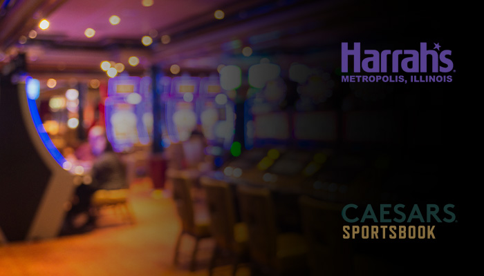 Caesar’s Sportsbook and Harrah’s Metropolis Casino Logos next to a Blurred Casino Hall