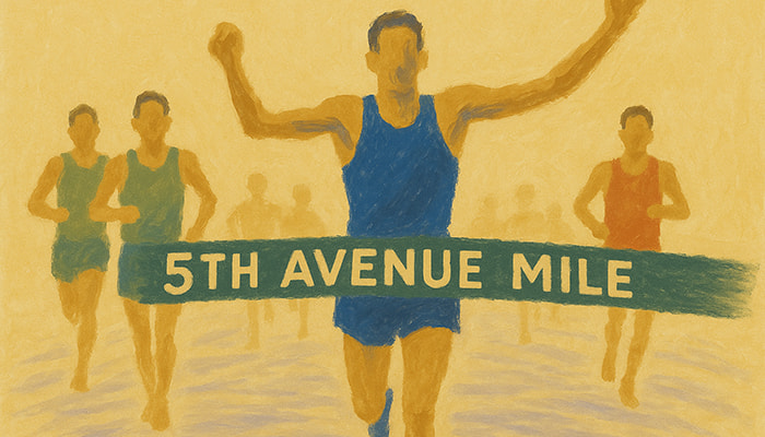 5th avenue mile winner of the race crossing the finish line