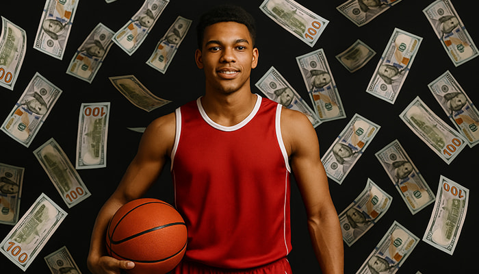 College athlete with a basket ball and money around him