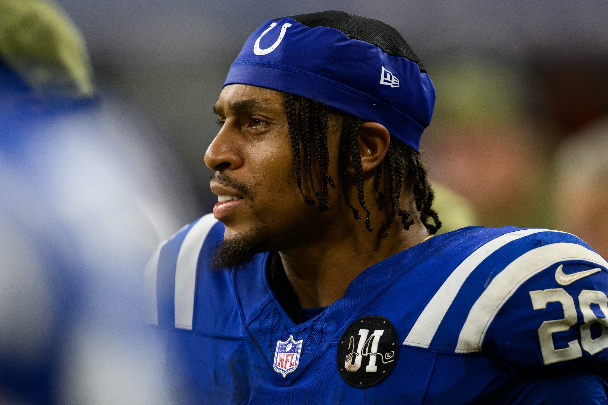 Indianapolis Colts running back Jonathan Taylor (28) on the sidelines during an NFL football game against the Tennessee Titans, Sunday, Oct. 26, 2025, in Indianapolis. (AP Photo/Zach Bolinger)