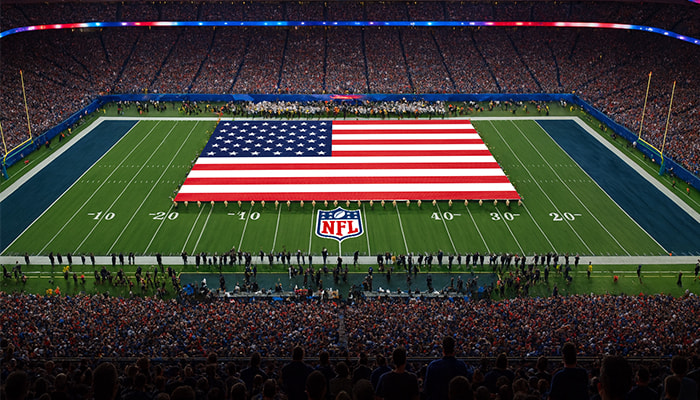 American flag on sports stadium field